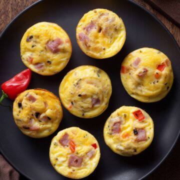 Overhead view of seven Italian grinder egg bites with ham, cheese, peppers, and Italian seasoning arranged on a black plate.