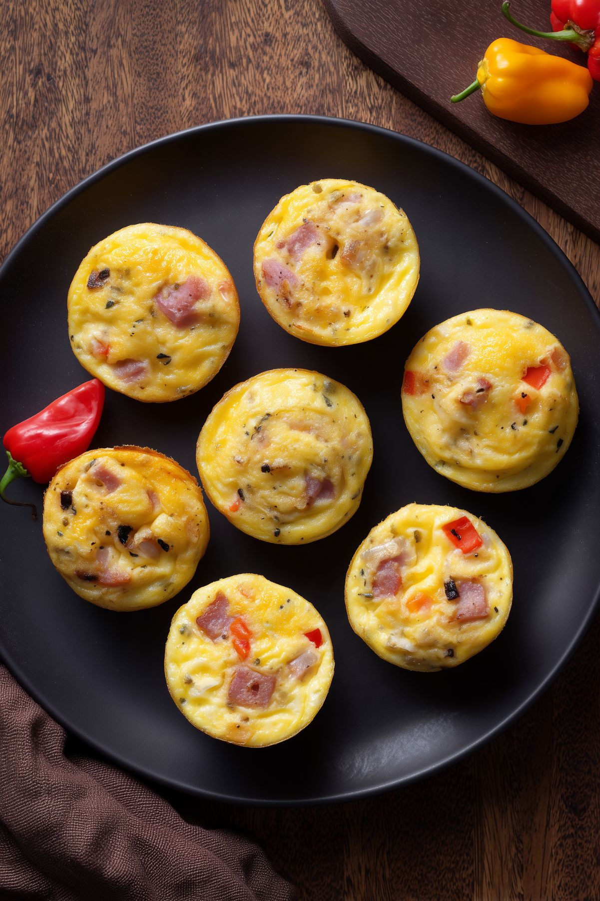 Overhead view of seven Italian grinder egg bites with ham, cheese, peppers, and Italian seasoning arranged on a black plate.