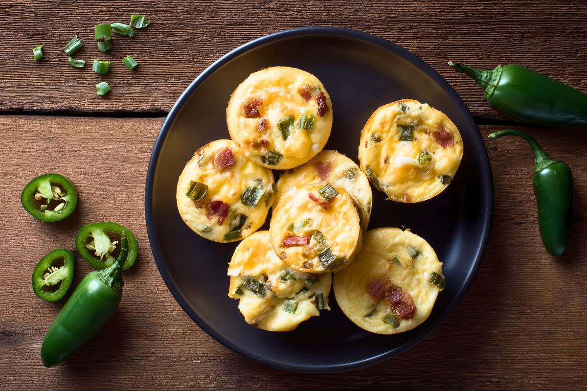 Overhead view of Jalapeño Popper Egg Bites with bacon, melted cheese, jalapeños, and green onions on a black plate, surrounded by fresh whole and sliced jalapeño peppers on a rustic wood table.