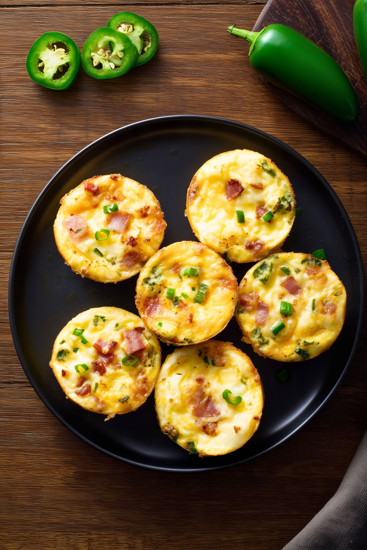 Six Jalapeño Popper Egg Bites with bacon, melted cheddar cheese, jalapeños, and green onions arranged on a matte black plate with fresh jalapeño peppers on a rustic wood background.