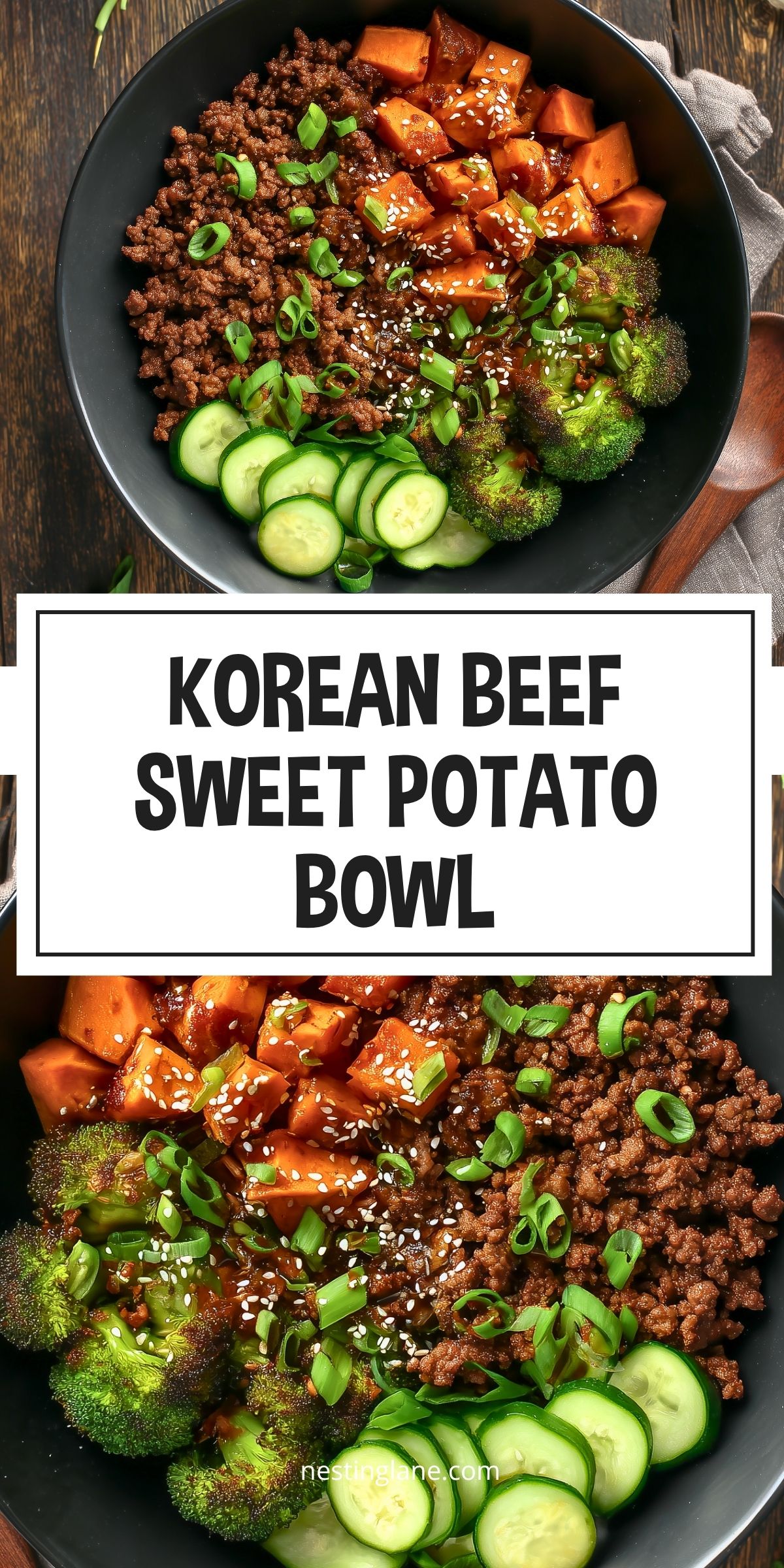 Korean beef sweet potato bowl with seasoned ground beef, roasted sweet potato cubes, broccoli, cucumber, green onions, and sesame seeds. Text reads “KOREAN BEEF SWEET POTATO BOWL” and “nestinglane.com.”