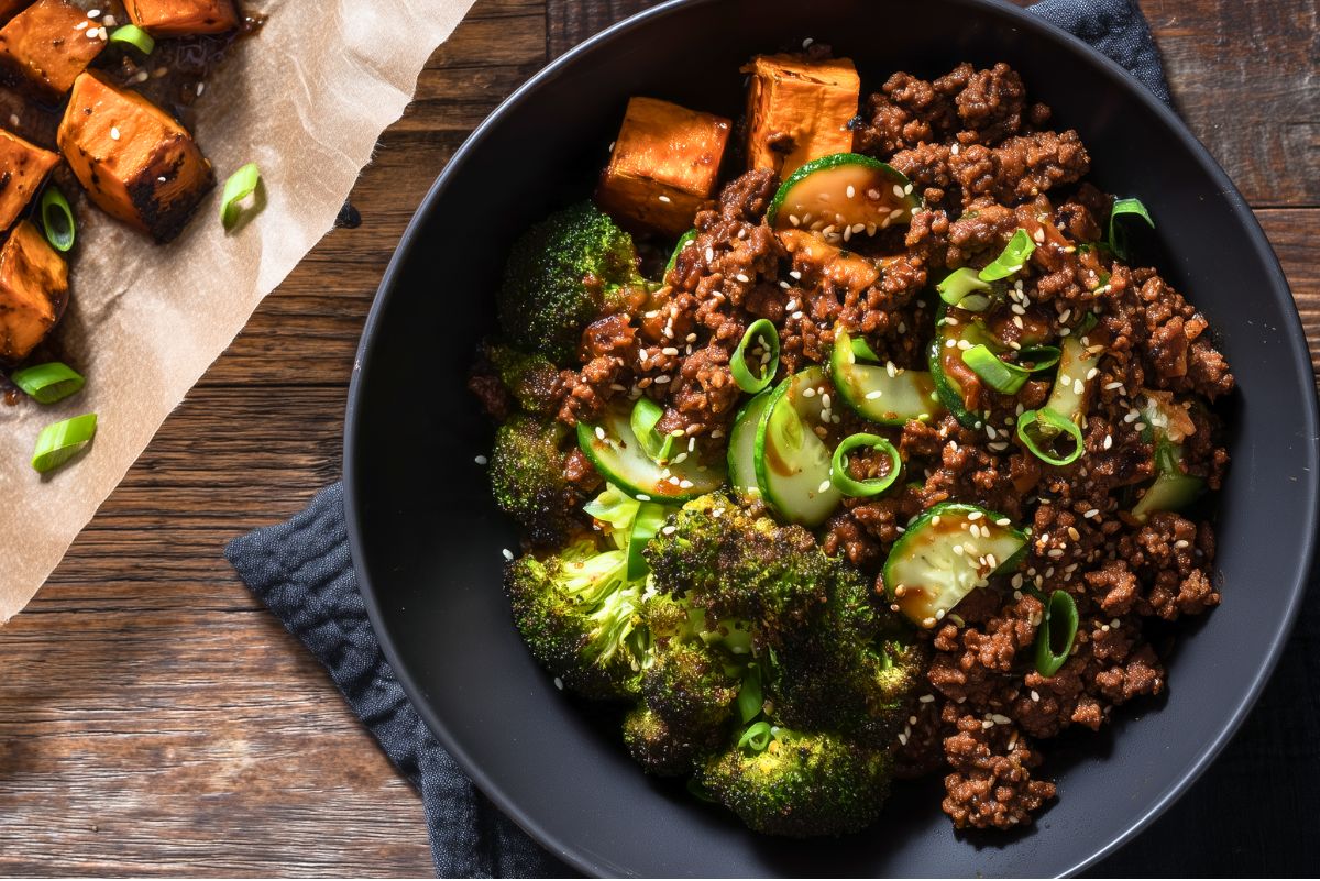 Korean beef sweet potato bowl with savory ground beef, roasted sweet potato cubes, broccoli, sliced cucumber, green onions, and sesame seeds in a black bowl on a rustic wood table.