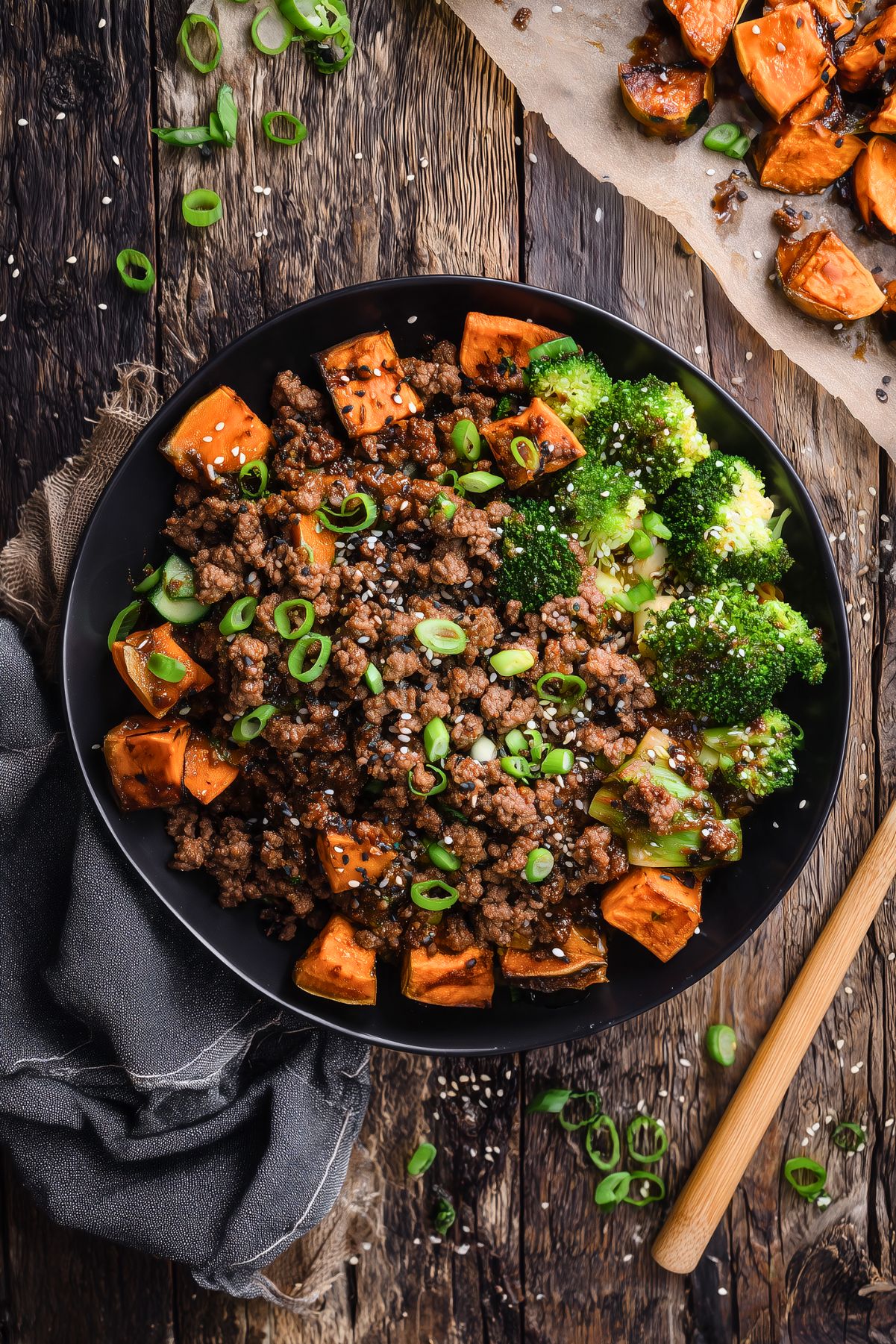 Overhead view of a Korean beef sweet potato bowl with seasoned ground beef, roasted cubed sweet potatoes, broccoli, green onions, and sesame seeds in a black bowl on a rustic wood background.