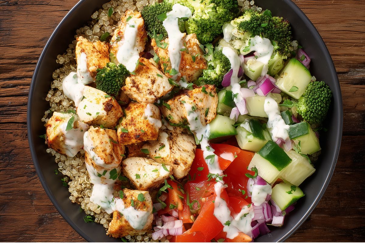 Lemon garlic chicken protein bowl with quinoa, roasted broccoli, cucumber, red bell pepper, red onion, fresh herbs, and creamy white dressing in a black bowl on rustic wood.