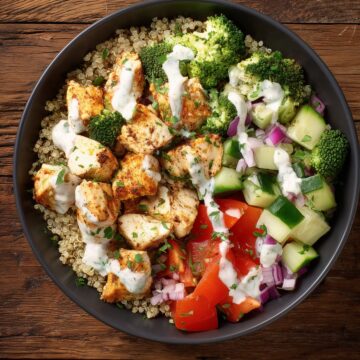 Overhead lemon garlic chicken protein bowl with quinoa, seasoned chicken, broccoli, cucumber, red bell pepper, red onion, herbs, and creamy dressing in a black bowl on a rustic wooden table.