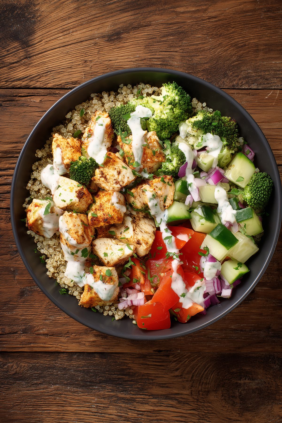 Overhead lemon garlic chicken protein bowl with quinoa, seasoned chicken, broccoli, cucumber, red bell pepper, red onion, herbs, and creamy dressing in a black bowl on a rustic wooden table.