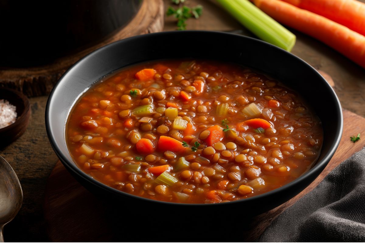 Lentil Soup Vincent served in a black bowl with tender lentils, carrots, celery, onions, and tomatoes in a hearty tomato-based broth, with fresh carrots and celery in the background.