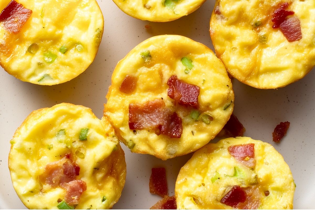 High protein maple bacon egg bites with golden baked eggs, melted cheddar, crispy bacon pieces, and chopped green onions on a neutral plate.