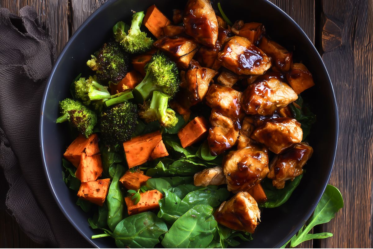 Maple balsamic chicken sweet potato bowl in a black bowl with glossy chicken, roasted sweet potato cubes, broccoli, and fresh spinach on a dark rustic wood table.