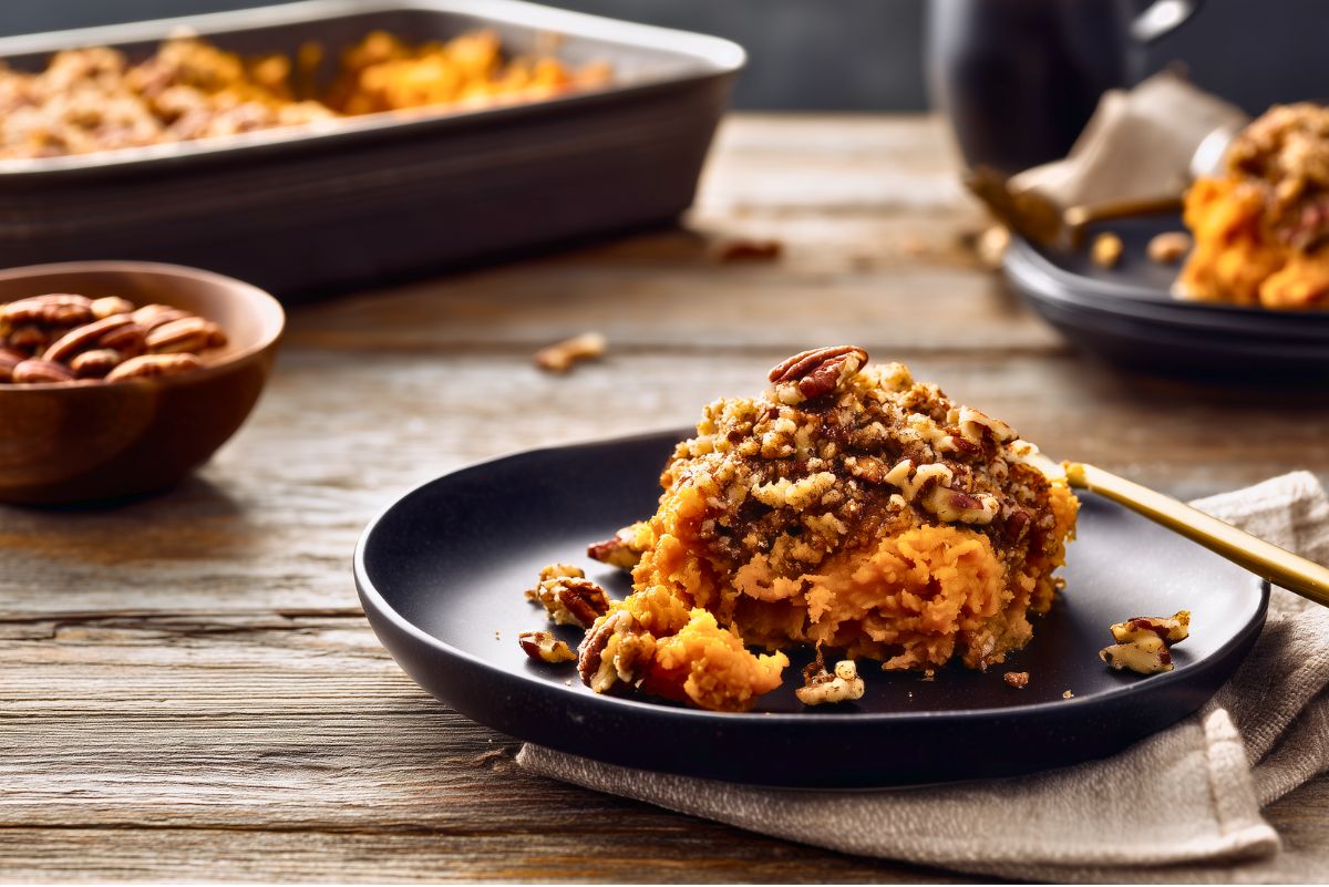 Serving of maple pecan sweet potato casserole on a black plate, with mashed sweet potatoes and a crumbly pecan topping, set on a rustic wooden table.
