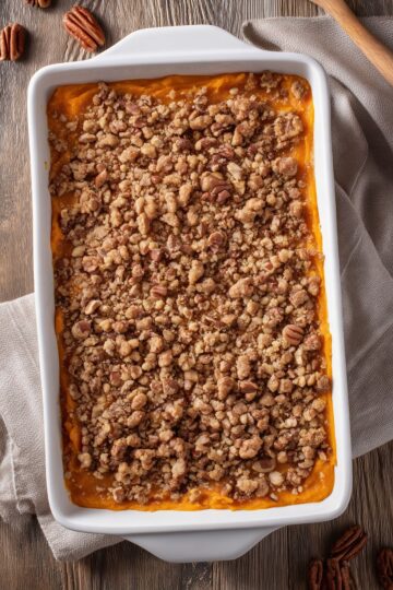 Overhead view of maple pecan sweet potato casserole in a white baking dish, with orange sweet potato filling covered in a generous brown sugar pecan crumble topping.