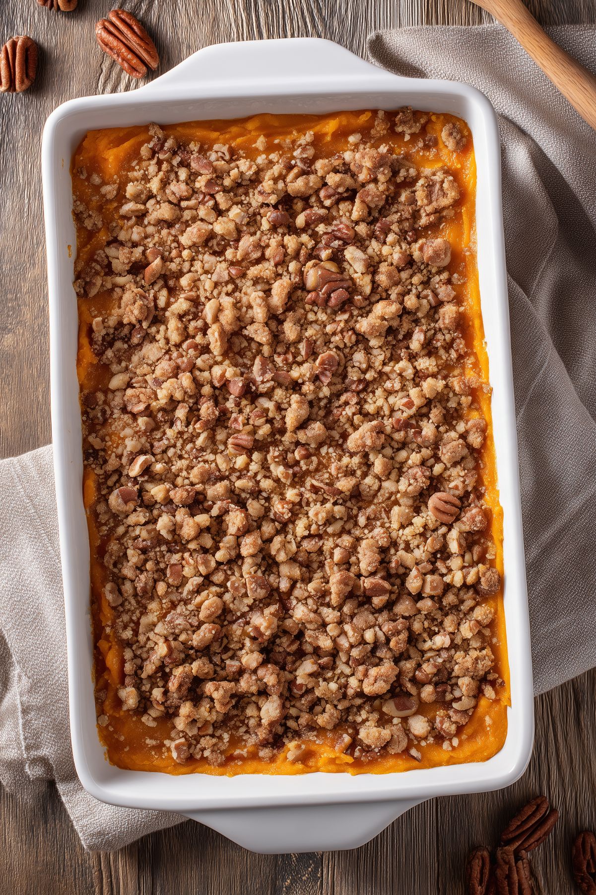 Overhead view of maple pecan sweet potato casserole in a white baking dish, with orange sweet potato filling covered in a generous brown sugar pecan crumble topping.