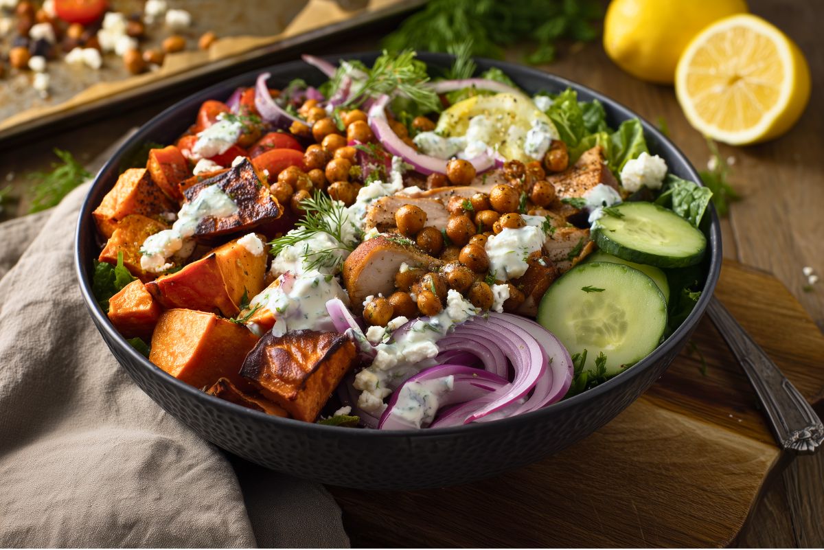 Mediterranean chicken sweet potato protein bowl in a black bowl with roasted sweet potatoes, seasoned chicken, chickpeas, cucumber, red onion, feta, greens, and creamy herb sauce, served with lemon on a rustic wood table.