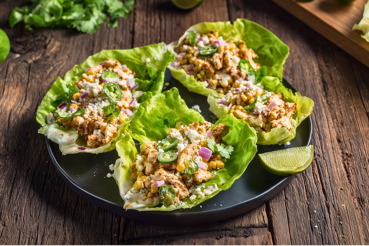 Four Mexican Street Corn Chicken Lettuce Wraps on a black plate, filled with seasoned chicken, corn, red onion, jalapeño, crumbled cheese and cilantro, served on a rustic wood table.