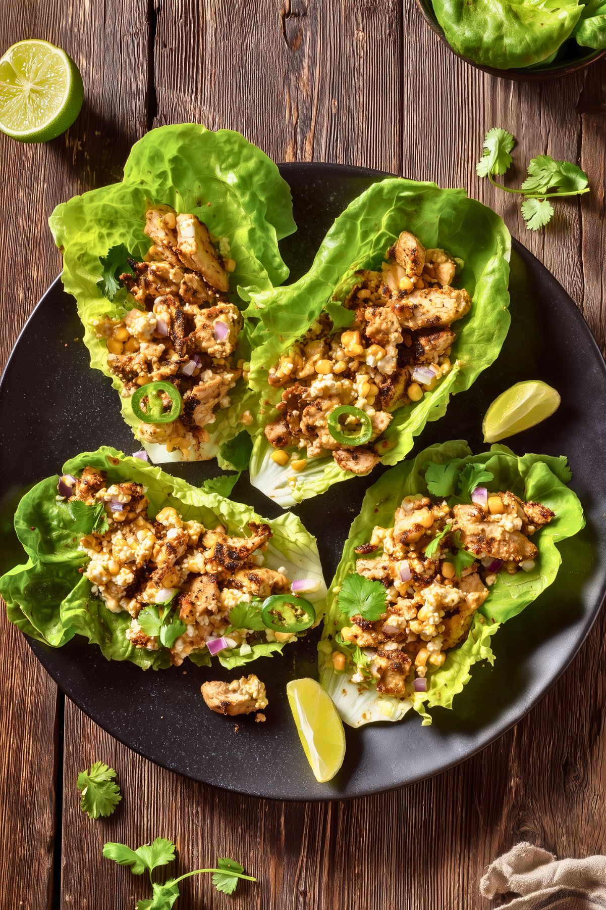 Overhead view of four Mexican Street Corn Chicken Lettuce Wraps filled with grilled chicken, corn, red onion, jalapeño, crumbled cheese and cilantro on a black plate over a rustic wood table.