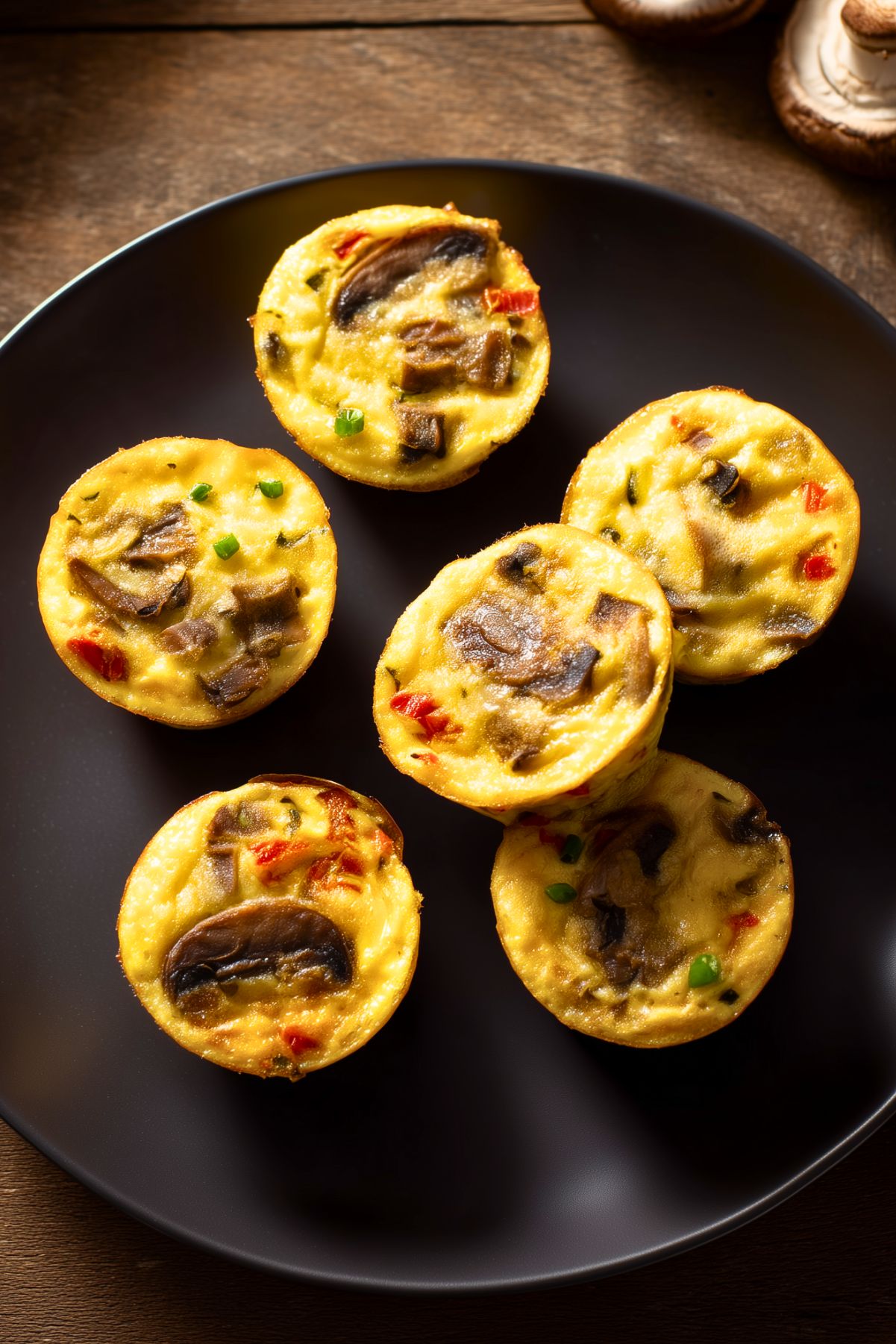 Mushroom and roasted red pepper egg bites with browned mushrooms, red pepper pieces, and green onion on a matte black plate.