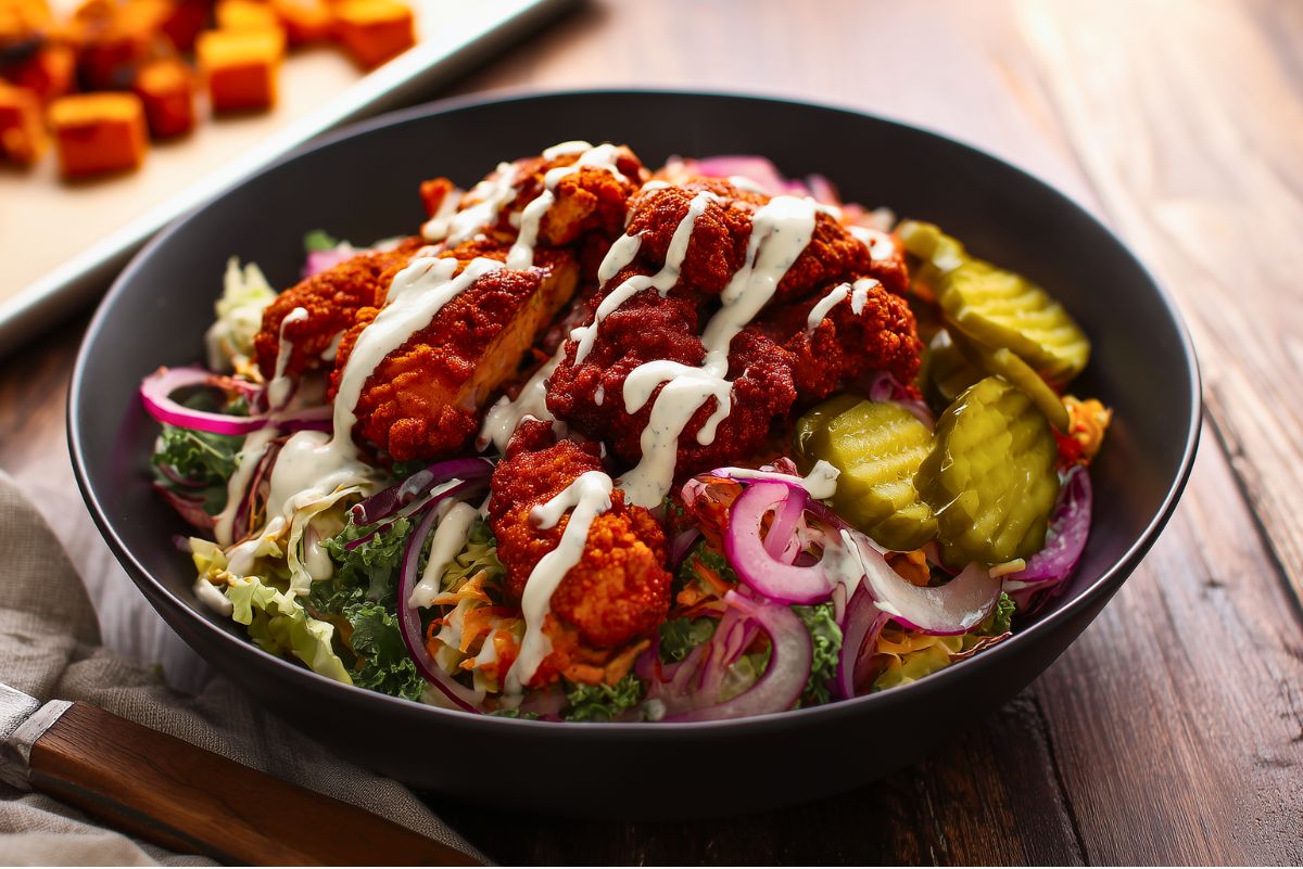 Nashville hot chicken sweet potato bowl in a black bowl with crispy spicy chicken, creamy drizzle, shredded slaw, red onion, pickles, and roasted sweet potatoes on a rustic wood table.