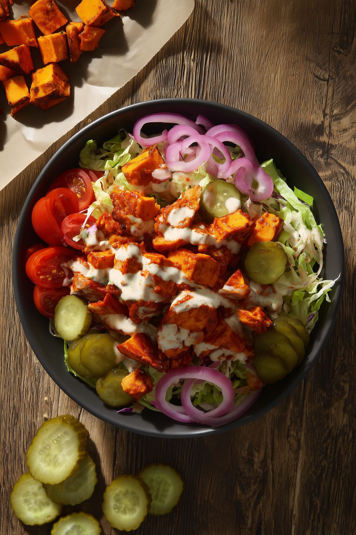 Overhead Nashville hot chicken sweet potato bowl with seasoned chicken, roasted sweet potatoes, cabbage, cucumbers, tomatoes, red onion, pickles, and creamy dressing in a black bowl.