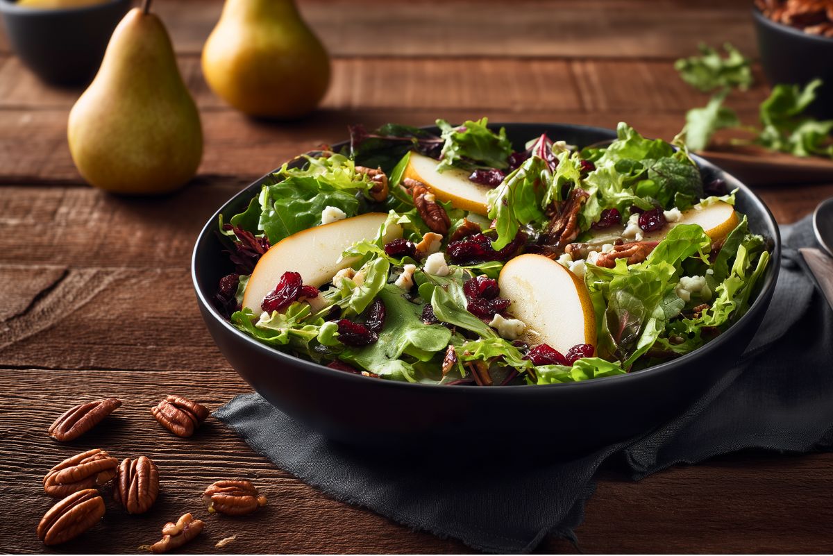 Pear pecan fall salad served in a black bowl with mixed greens, fresh pear slices, dried cranberries, pecans, feta cheese, and red onion on a rustic wood table.