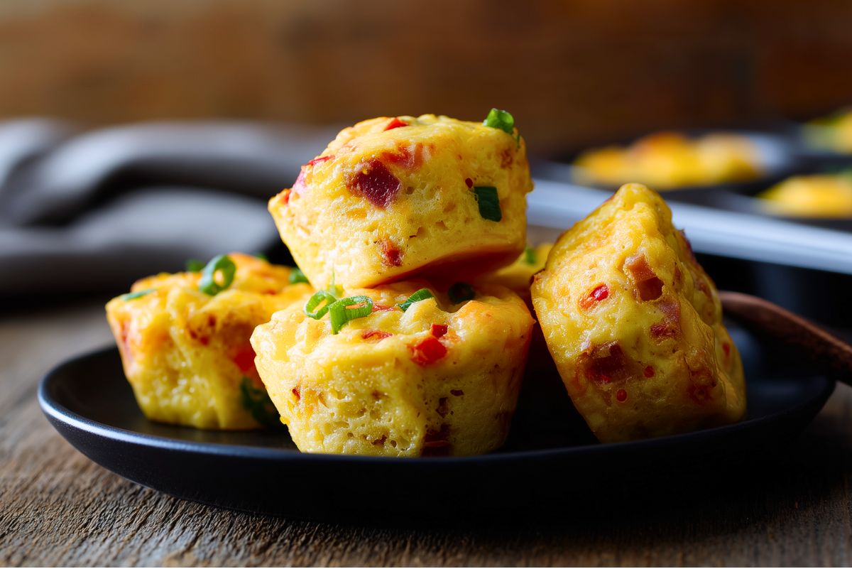 Close-up of pimento cheese egg bites stacked on a black plate, with red pimentos and chopped green onions throughout. A muffin pan with additional egg bites is softly blurred in the background.
