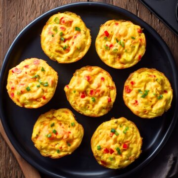 Overhead view of seven golden pimento cheese egg bites with red pimentos and green onions arranged on a black plate. A muffin pan and dark napkin sit nearby on a rustic wood table.