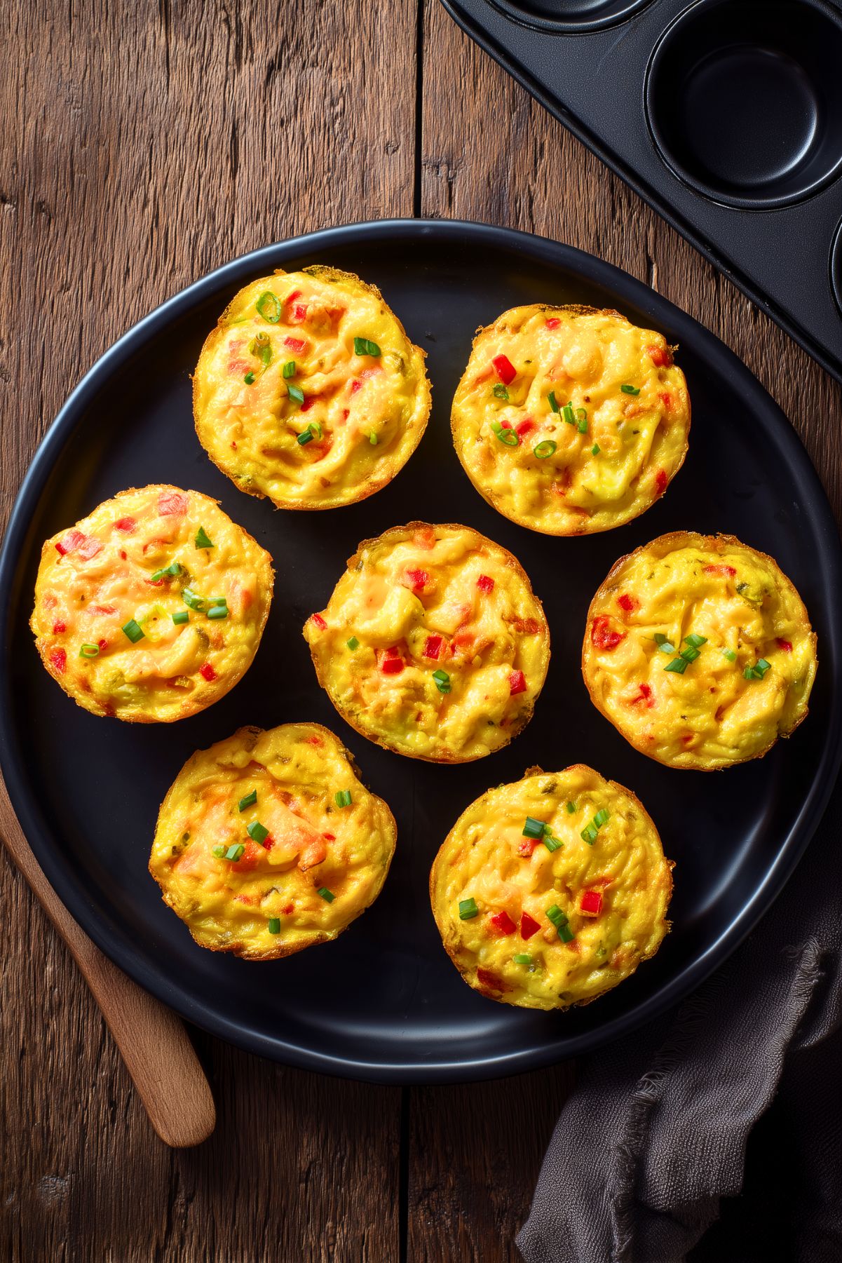 Overhead view of seven golden pimento cheese egg bites with red pimentos and green onions arranged on a black plate. A muffin pan and dark napkin sit nearby on a rustic wood table.
