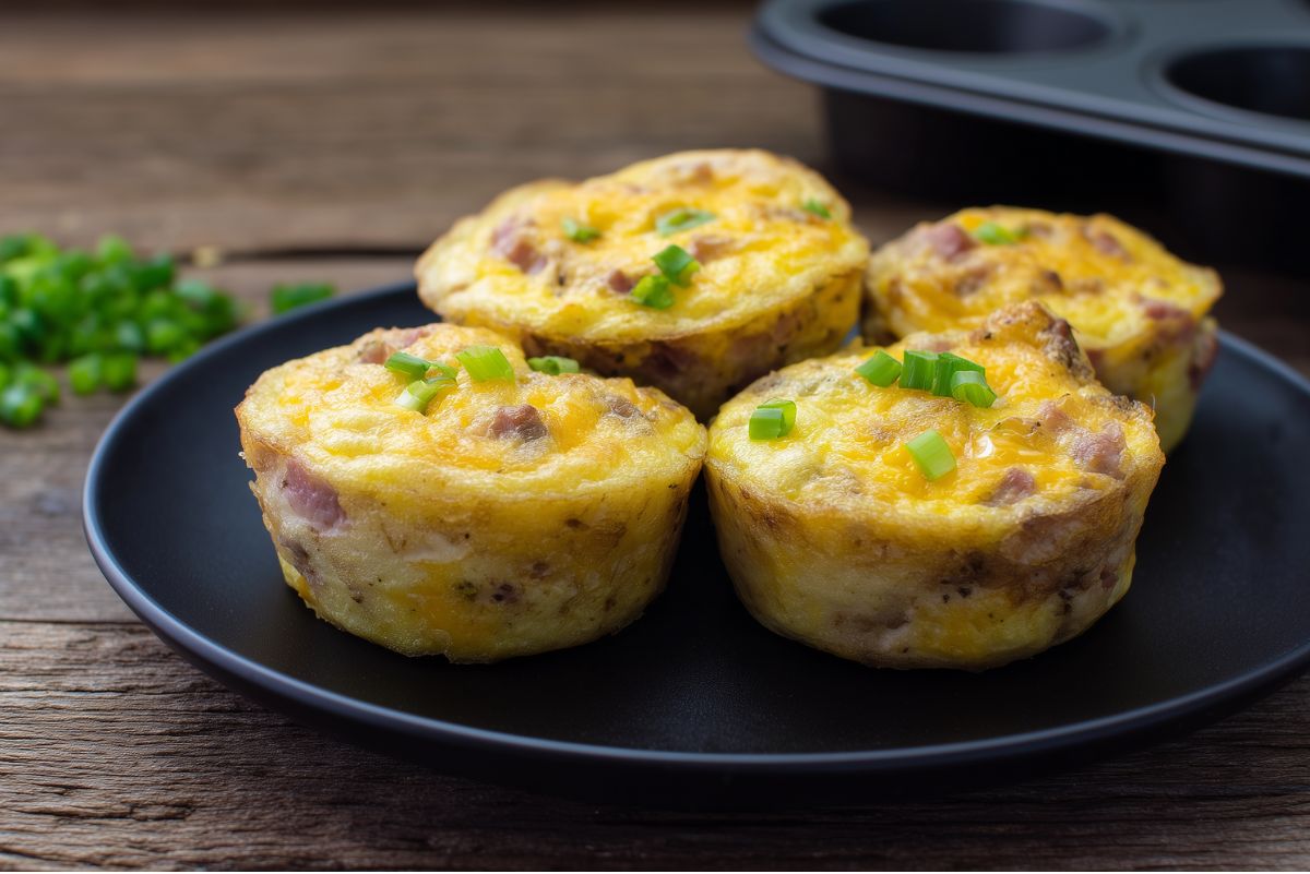 Roast beef and cheddar egg bites topped with chopped green onions on a black plate, with a muffin pan in the background on a rustic wooden table.