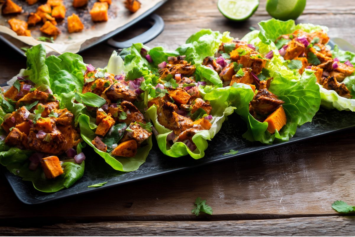 Side view of roasted sweet potato chicken lettuce wraps with red onion and cilantro on a black platter, with a baking sheet and limes in the background.