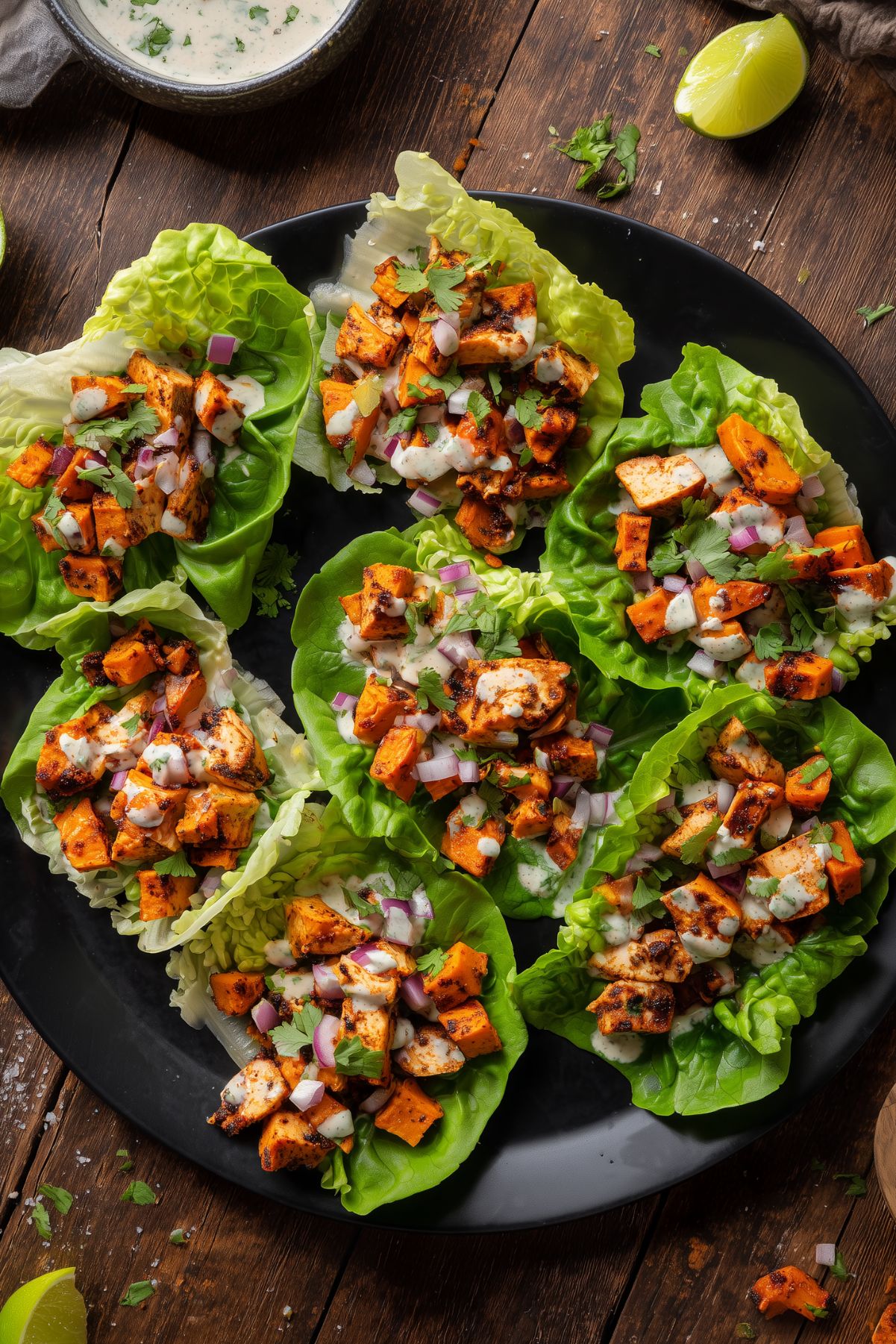 Overhead view of roasted sweet potato chicken lettuce wraps topped with red onion, cilantro, and creamy herb sauce on a matte black plate.