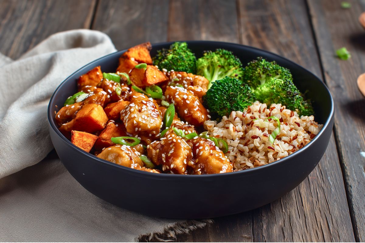 Sesame chicken sweet potato bowl with saucy chicken, roasted sweet potatoes, broccoli, brown rice, sesame seeds, and sliced green onions in a black bowl on a rustic wood table.