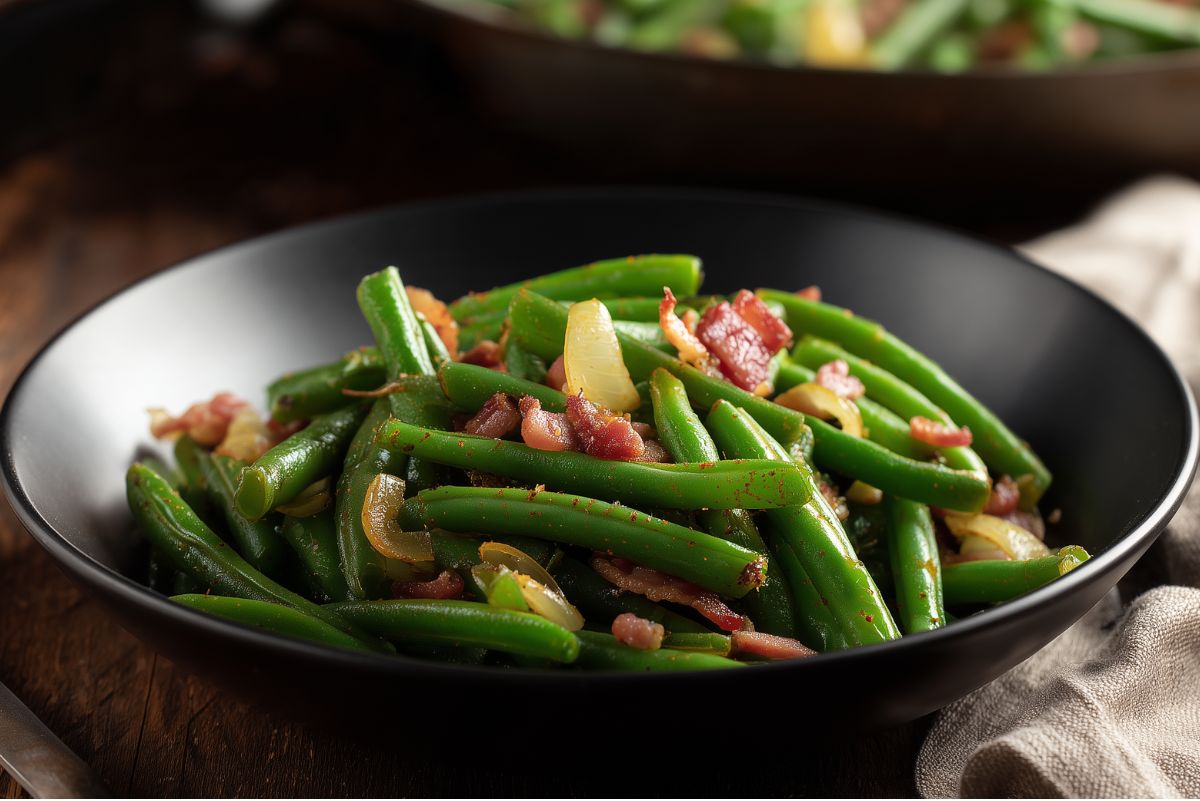 Skillet green beans with bacon and garlic piled in a black bowl, with bright green beans, crispy bacon pieces, sautéed onions, and savory seasoning on a rustic wooden table.