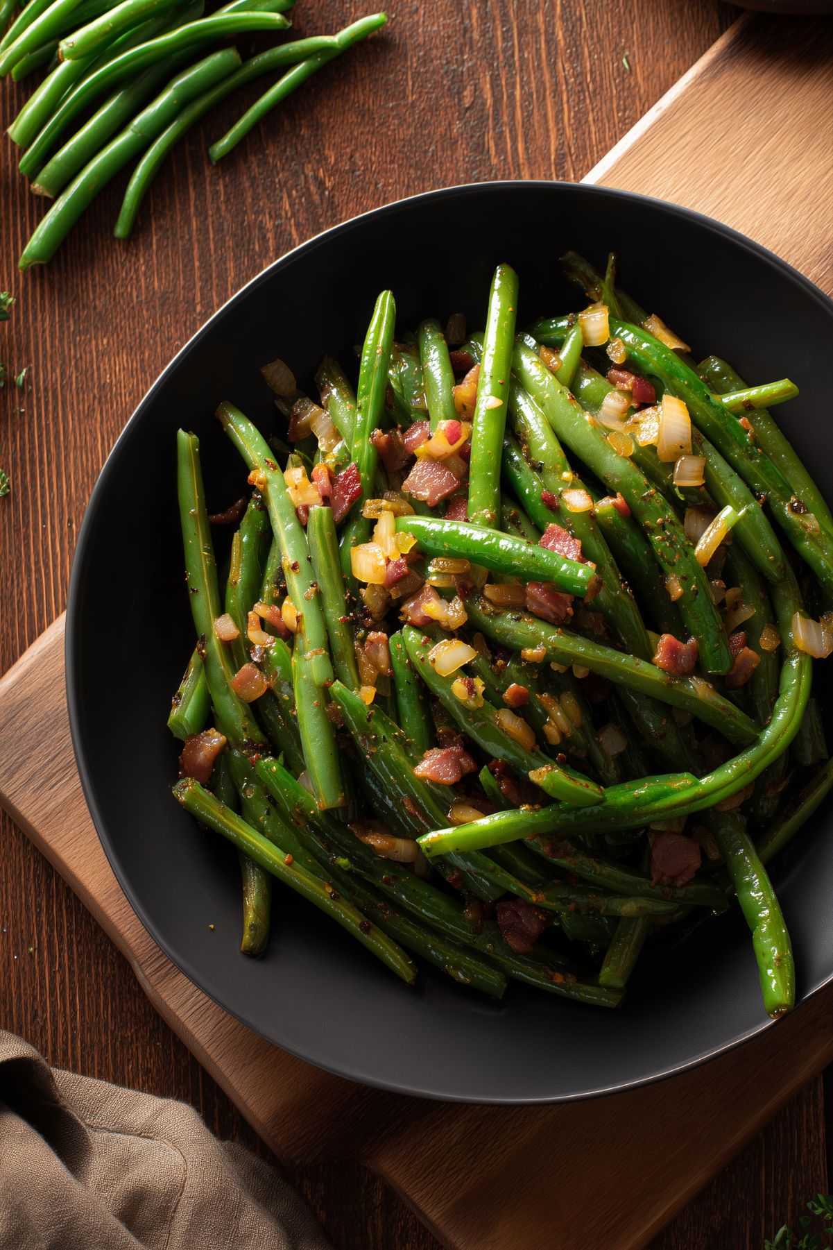 Overhead view of skillet green beans with bacon and garlic in a black bowl, with bright green beans, chopped bacon, sautéed onions, and seasoning on a rustic wooden table.