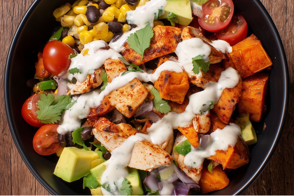 Southwest chicken sweet potato bowl with seasoned chicken, roasted sweet potatoes, black beans, corn, avocado, tomatoes, red onion, cilantro, and creamy cilantro lime sauce in a black bowl.