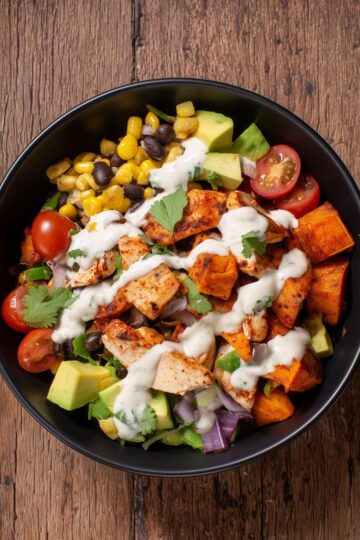 Overhead view of a Southwest chicken sweet potato bowl with roasted sweet potatoes, seasoned chicken, black beans, corn, avocado, cherry tomatoes, red onion, cilantro, and creamy sauce.