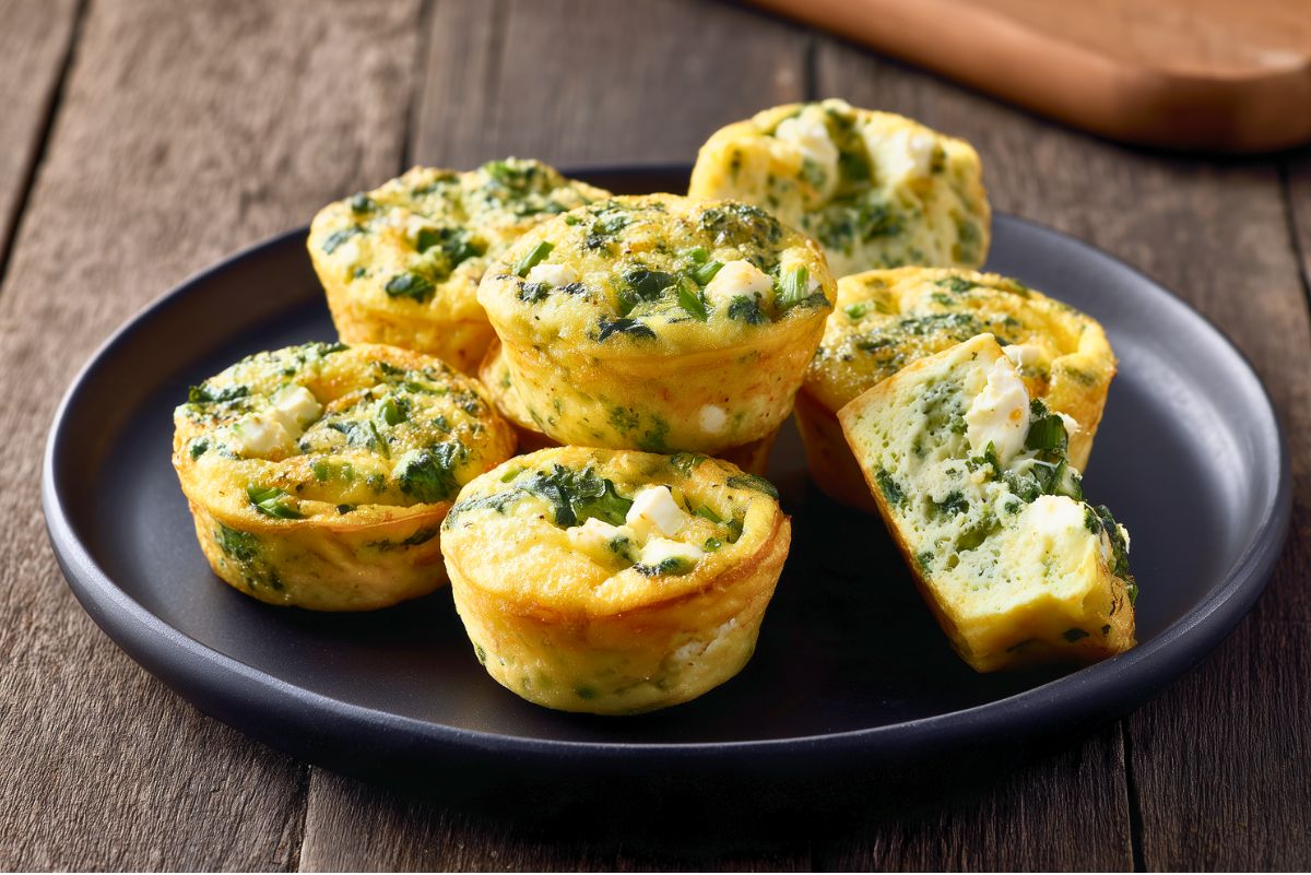 Spinach feta egg bites with golden edges, chopped spinach, feta cheese, and green onions arranged on a black plate, with one egg bite cut open to show the soft interior.