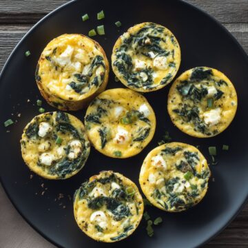 Overhead view of spinach feta egg bites with crumbled feta and green onions arranged on a matte black plate over a dark rustic wood table.