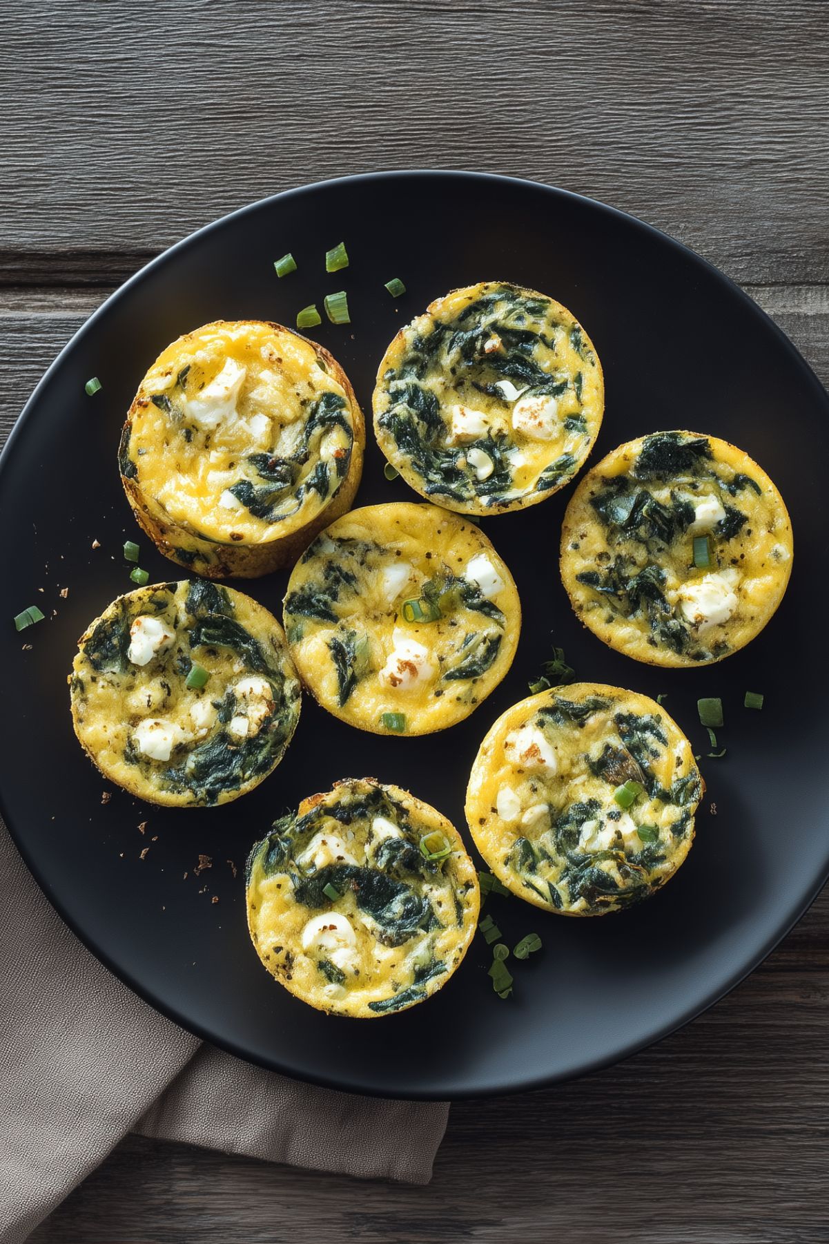 Overhead view of spinach feta egg bites with crumbled feta and green onions arranged on a matte black plate over a dark rustic wood table.