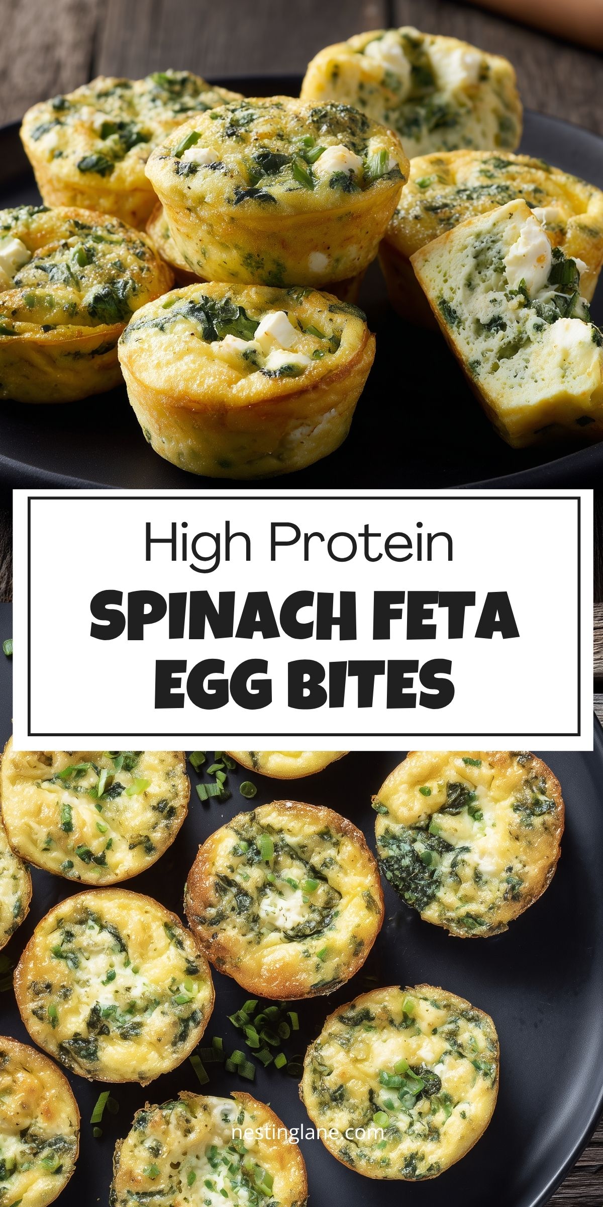 High protein spinach feta egg bites with spinach, feta cheese, and green onions on a black plate. Text reads “High Protein Spinach Feta Egg Bites” and “nestinglane.com.”