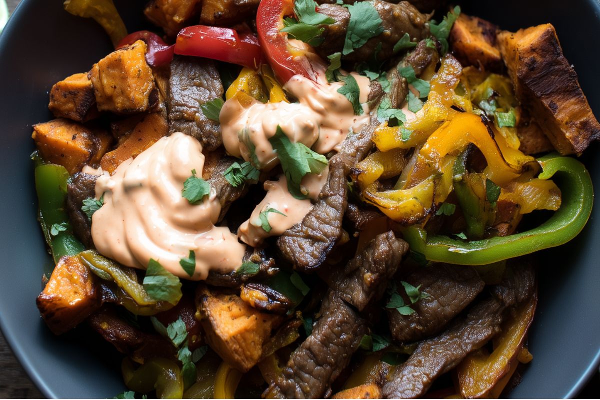Close-up of a steak fajita sweet potato bowl with sliced steak, roasted sweet potato cubes, red, yellow, and green bell peppers, onions, creamy fajita sauce, and fresh cilantro.