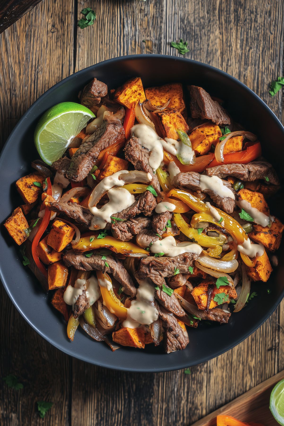 Overhead steak fajita sweet potato bowl with sliced steak, roasted sweet potatoes, sautéed bell peppers and onions, creamy fajita sauce, fresh herbs, and a lime wedge in a black bowl on a rustic wood table.