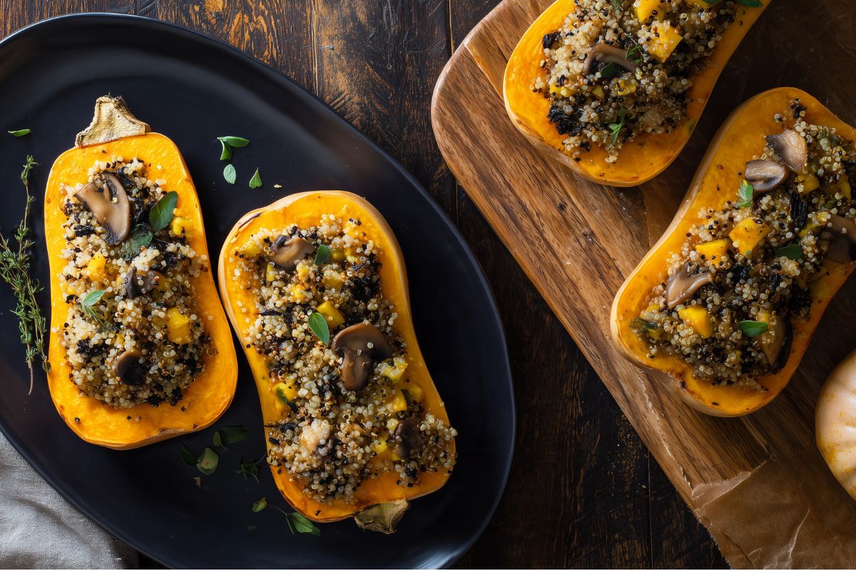 Roasted butternut squash halves stuffed with quinoa, mushrooms, herbs, and vegetables, arranged on a black platter and wooden board over a rustic dark wood table.