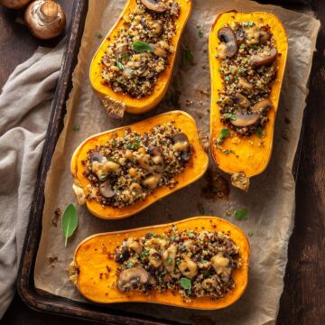 Overhead view of roasted butternut squash stuffed with quinoa and mushrooms on a parchment-lined baking sheet, surrounded by whole mushrooms, herbs, and a rustic wood background.