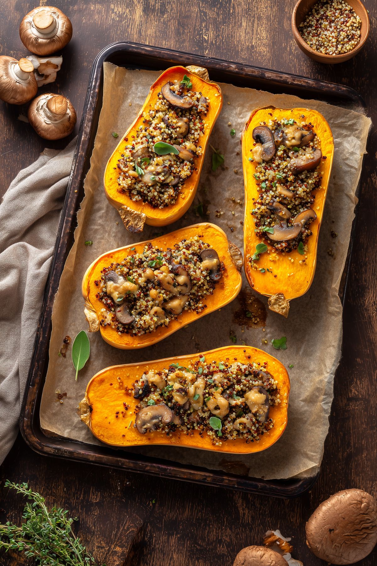 Overhead view of roasted butternut squash stuffed with quinoa and mushrooms on a parchment-lined baking sheet, surrounded by whole mushrooms, herbs, and a rustic wood background.