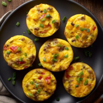 Six sweet potato breakfast hash egg bites with sausage, red bell pepper, cheddar, and green onions arranged on a black plate over a rustic wood table.