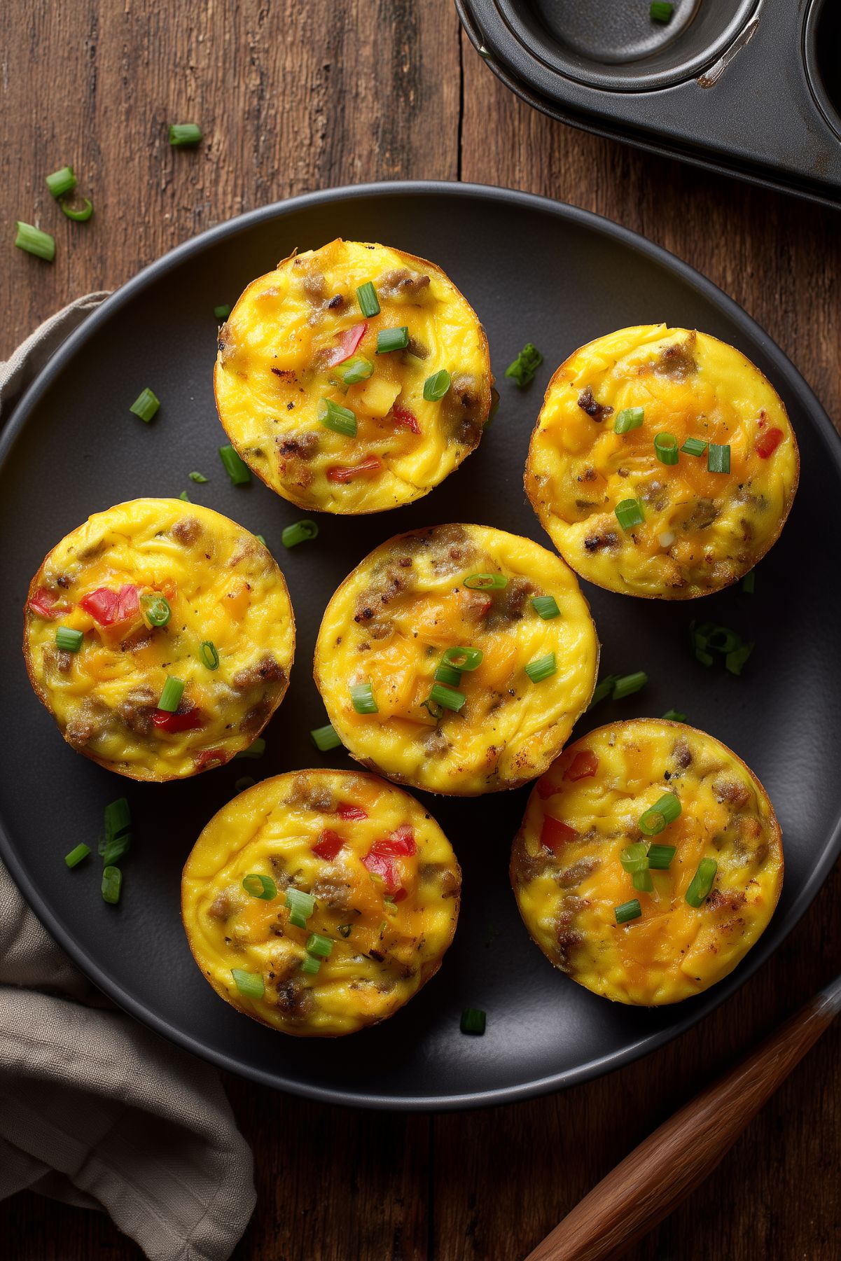 Six sweet potato breakfast hash egg bites with sausage, red bell pepper, cheddar, and green onions arranged on a black plate over a rustic wood table.