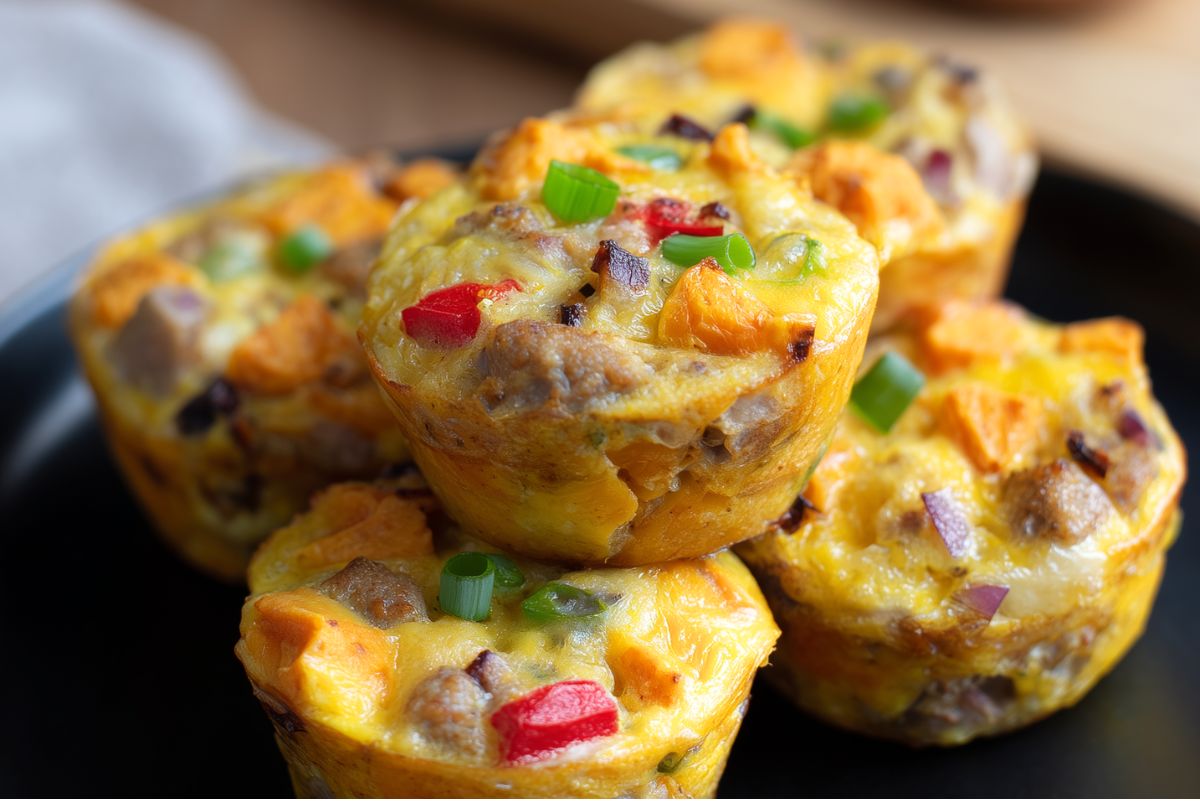 Close-up of sweet potato breakfast hash egg bites filled with sausage, diced sweet potato, red bell pepper, onion, cheddar, and green onions on a black plate.