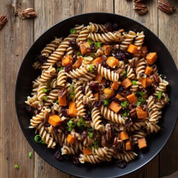 Overhead view of Sweet Potato Pecan Pasta Salad in a black bowl with rotini, roasted sweet potato cubes, dried cranberries, chopped pecans, and green onions on a rustic wood table.