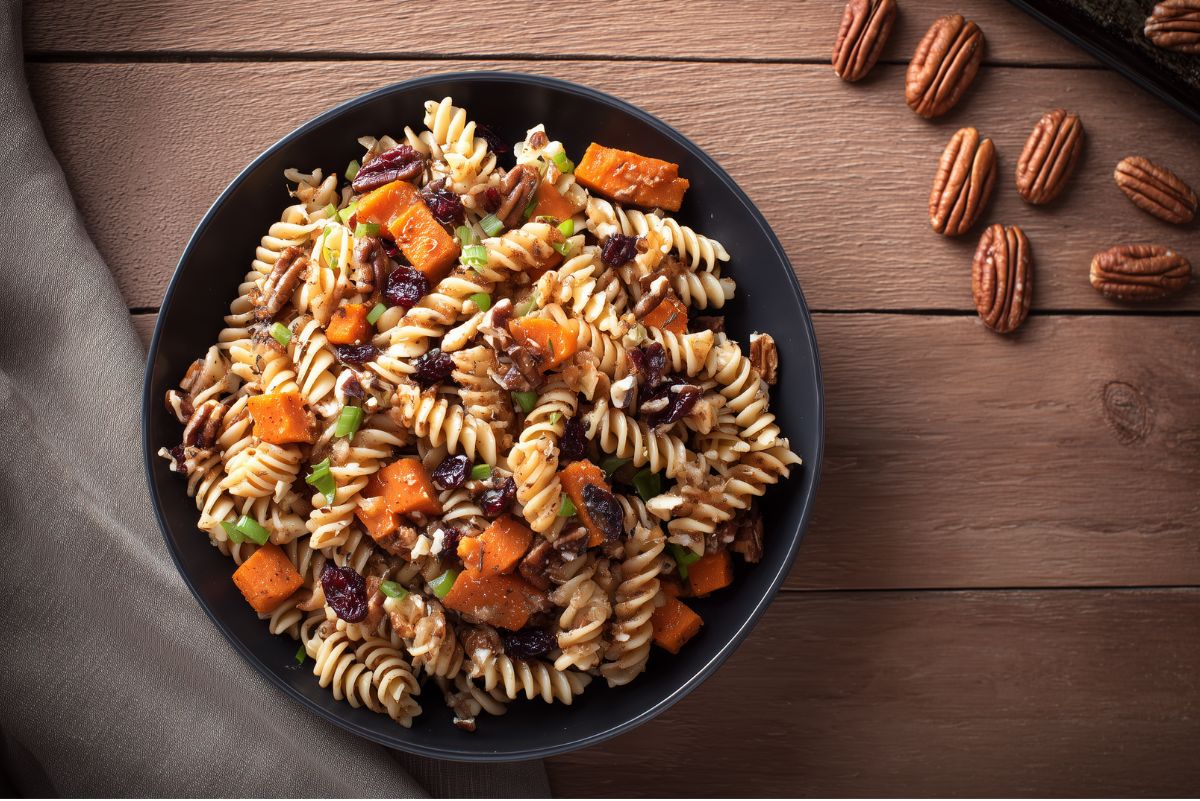 Sweet Potato Pecan Pasta Salad in a black bowl with rotini, roasted sweet potatoes, dried cranberries, pecans, and green onions, photographed on a rustic wooden table with scattered pecans.