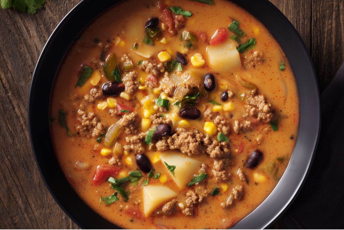 Close-up bowl of high protein taco potato soup with ground turkey, tender potatoes, black beans, corn, tomatoes, peppers, and herbs in a creamy orange broth.