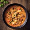 Overhead bowl of high protein taco potato soup with ground turkey, potatoes, black beans, corn, tomatoes, peppers, and herbs, served in a black bowl on rustic wood.